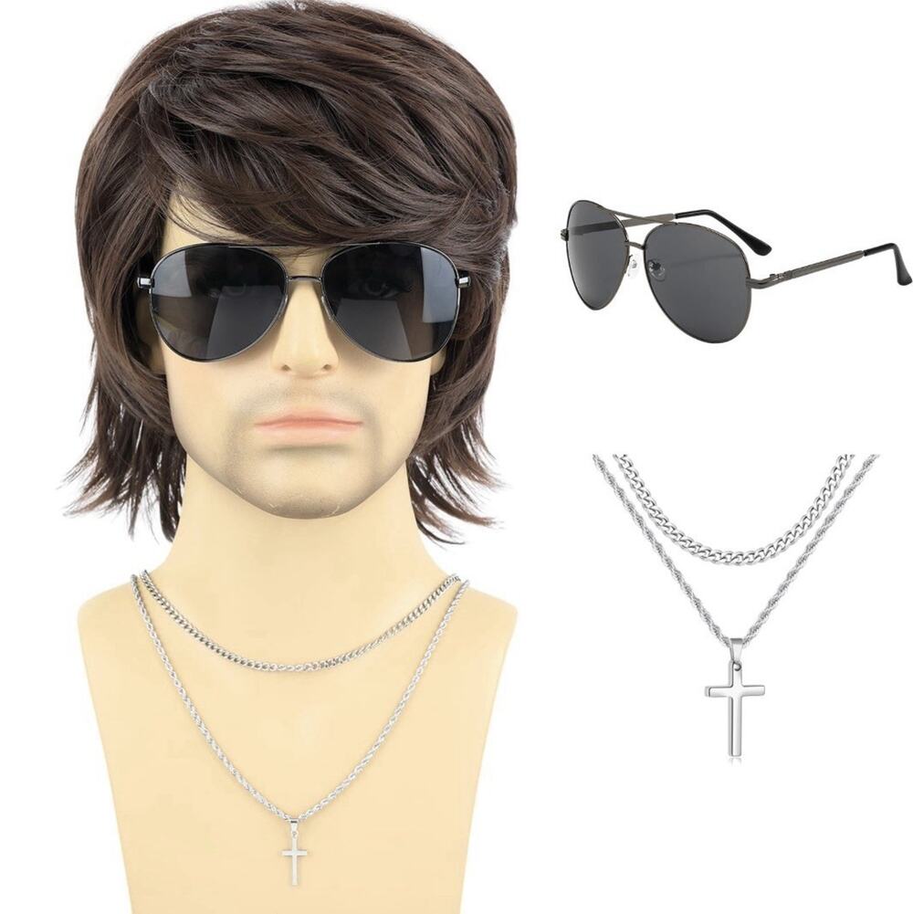 Mens Brown Wig Short Layered Natural Wavy Heat Resistant Synthetic Hair Wigs